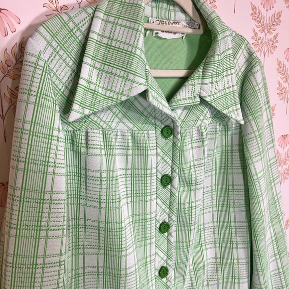 Vintage 70’s Double Knit Green and White Plaid Chore Shirt Jacket Polyester, EUC - Picture 7 of 9